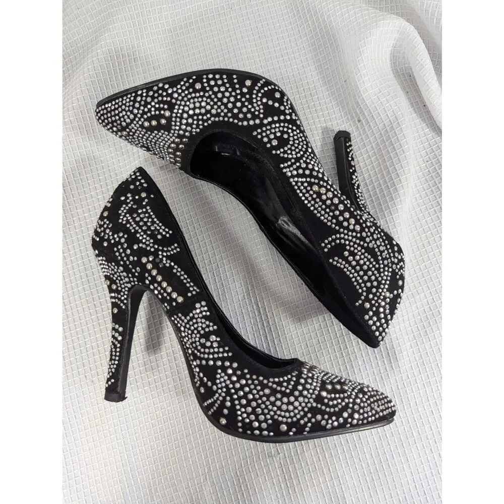 SHIEKH! GORGEOUS BLACK VEGAN SUEDE RHINESTONE PATTERNED PUMPS, HEELS! SZ 6.5
